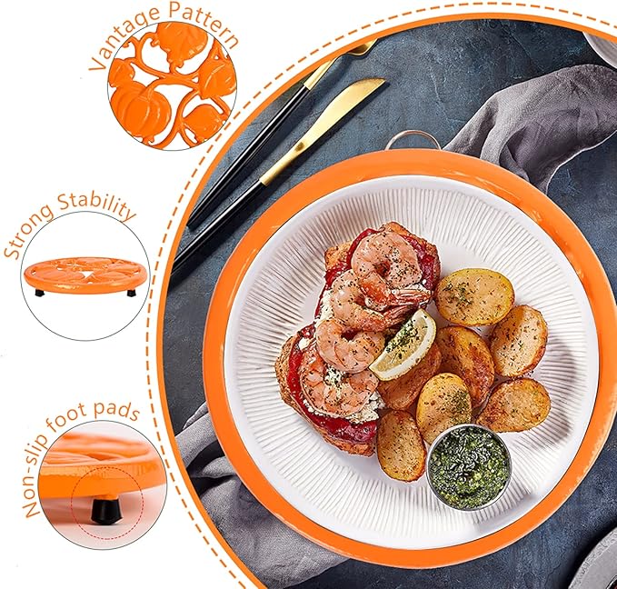 Cast Iron Trivet for Hot Dishes, Pumpkin Pattern Decorative Trivet for Hot Pots & Pans, Round Metal Heat-Resistant Pad Mat for Protective Countertop, Orange