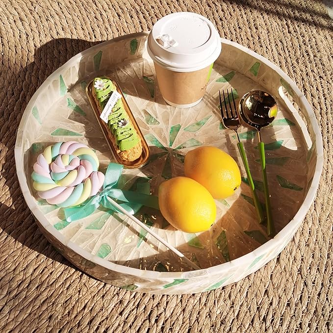 i-LAN 14-Inch Round Mother of Pearl Tray Boho Style Decorative Serving Tray,Beige Green Wooden Ottoman Lacquer Tray, with Handle and 2 Inch Side, Trays for Bread Fruits Coffee