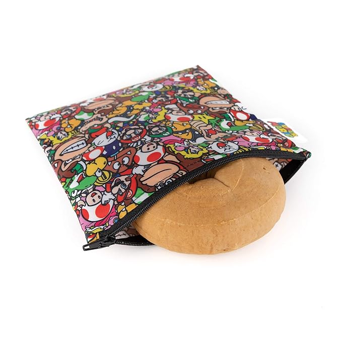 Bumkins Nintendo Reusable Sandwich and Snack Bags, for Kids School Lunch and for Adults Portion, Washable Fabric, Waterproof Cloth Zip Bag, Travel Pouch, Food-Safe, 3-pk Super Mario