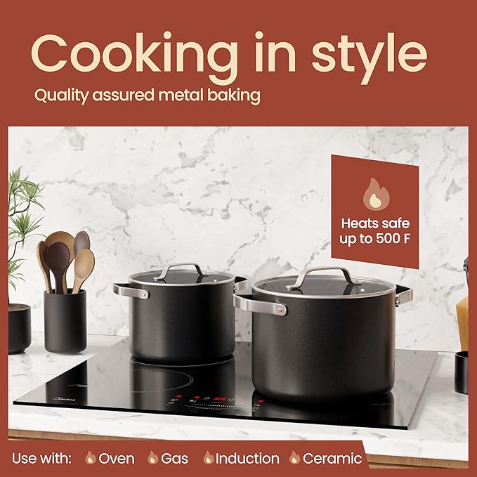 Bakken 8.5 Quart Ceramic Coated Stock Pot with Lid, Easy Clean Nonstick Pot, Tempered Glass Lid, Riveted Stainless Steel Handles, Oven Safe Up To 500°F, PTFE & PFAS Free, All Stove Compatible, Black