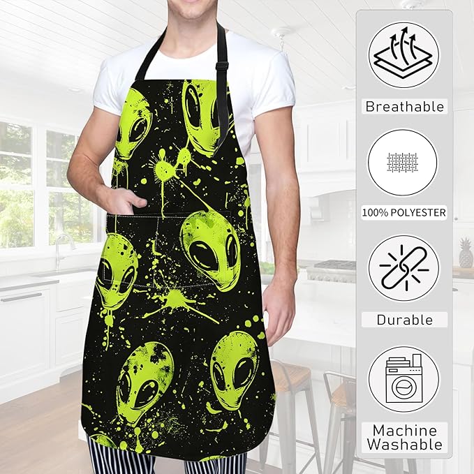 Green Alien Apron,Oxford Fabric Adjustable Kitchen Apron with 2 Pockets,Waterproof Cooking Aprons for Men Women Mom Wife Dad,Ideal Gifts for Coffee House,Shop,Baking,BBQ,Housewarming,28x33in