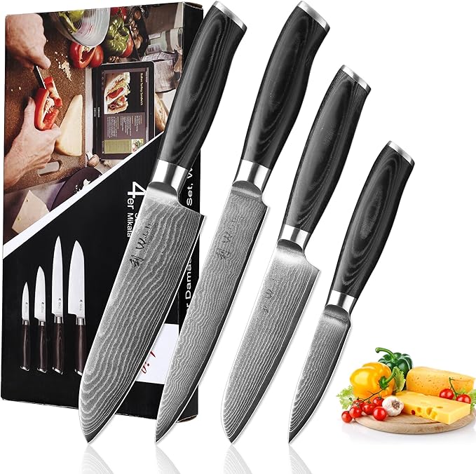 Wakoli Mikata 4-Piece Damascus Knife Set – Professional Kitchen Knife Set with VG10 Core, 67-Layer Damascus Steel and Ergonomic Micarta Handles – Premium Kitchen Knives in Gift Box