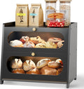 Black Bread Box for Kitchen Countertop, Double Layer Breadbox, Large Capacity with Window, Farmhouse Bread Storage Container, Fits Corner, Cabinet, Pantry