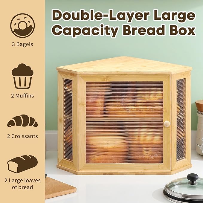 Corner Bread Box for Kitchen Countertop Bamboo Large Capacity Bread Storage Bin with Acrylic Wavy Door Panel,Bread Box Under Cabinet (Natural,Medium)