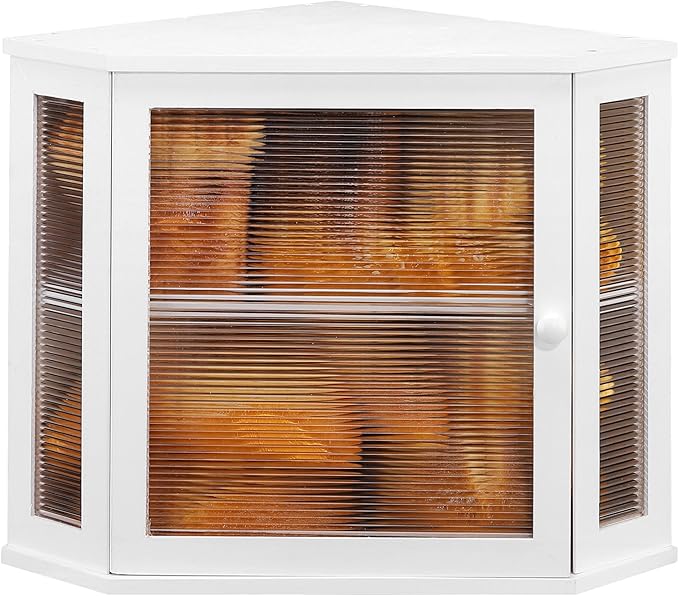 Corner Bread Box for Kitchen Countertop - Bamboo Large Capacity Bread Storage Bin with Acrylic Wavy Door Panel,Bread Box Under Cabinet (White,Medium)