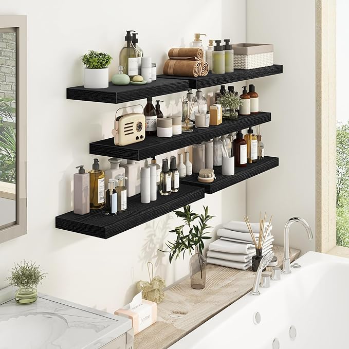 Fun Memories 48Inch Floating Shelves, 9.3Inch Deep Rustic Wall Shelves - Extra Deeper & Thicker Wall Mounted Storage Shelf for Kitchen, Farmhouse - Set of 2 - Rustic Black