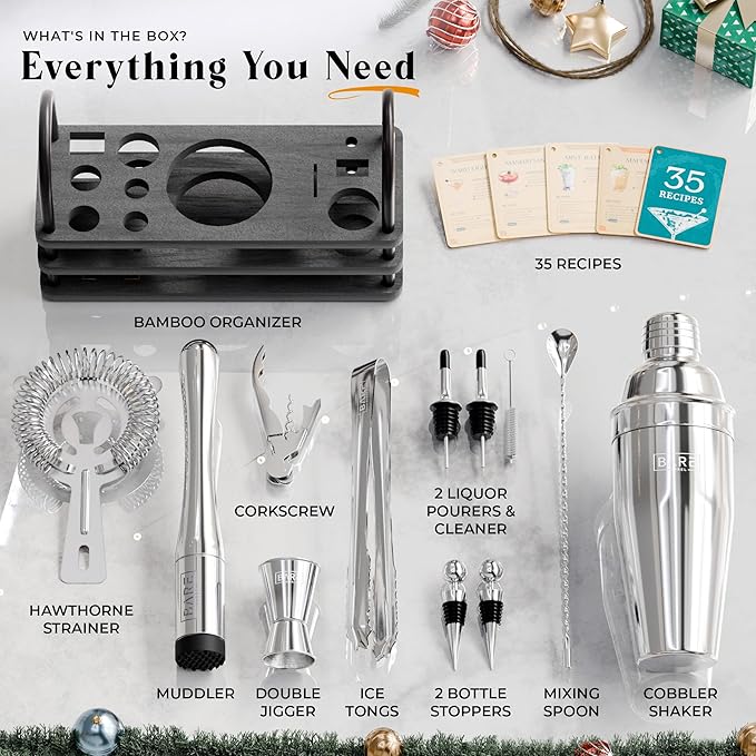 BARE BARREL® Mixology Bartender Kit Bar Set | 14-Piece Cocktail Shaker Set | Martini Barware Mixing Tools for Home Bartending | 35 Recipe Cards | Gift Set (24oz Cobbler Shaker, Silver/Black)