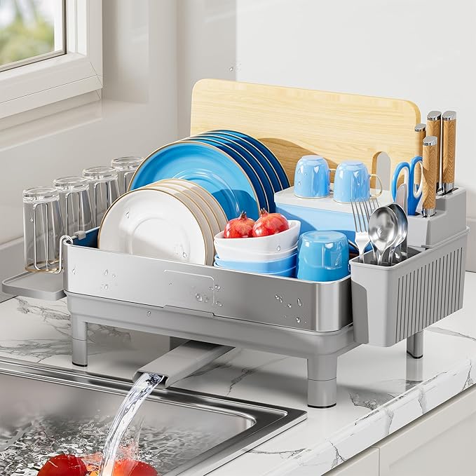 Dish Drying Rack, 304 Stainless Steel Dish Racks for Kitchen Counter, Dish Drainers with Automatic Drainage, Utensil Holder & Cups Holder, Space Saving Kitchen Organizer, Gray