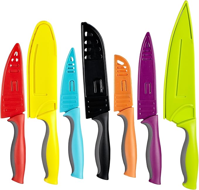 Cook N Home 14-Piece Coated Carbon Stainless Steel Knife Set with Sheaths, Multicolor