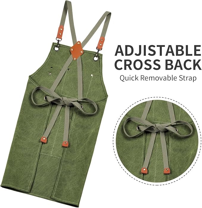 ZOMAO Cotton Canvas Cross Back Apron for Men and Women,Chef Apron With Adjustable Strap and Large Pockets,Kitchen Cooking Baking Bib Heavy Duty Work Apron(Army green)