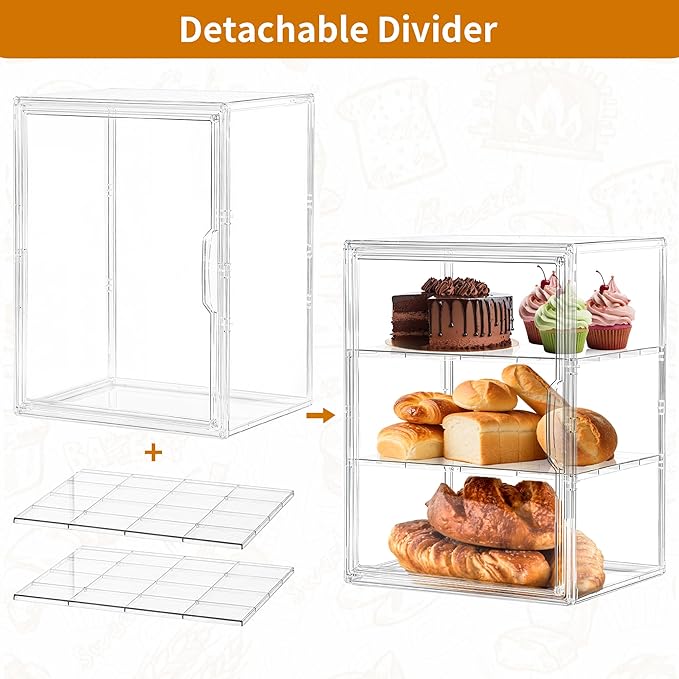 Bakery Pastry Display Case 3 Layer Large Clear Bread Box For Kitchen Countertop Bread Storage For Homemade Bread, 10.6" L x 8.7" W x 14.2" H, 1 Pack
