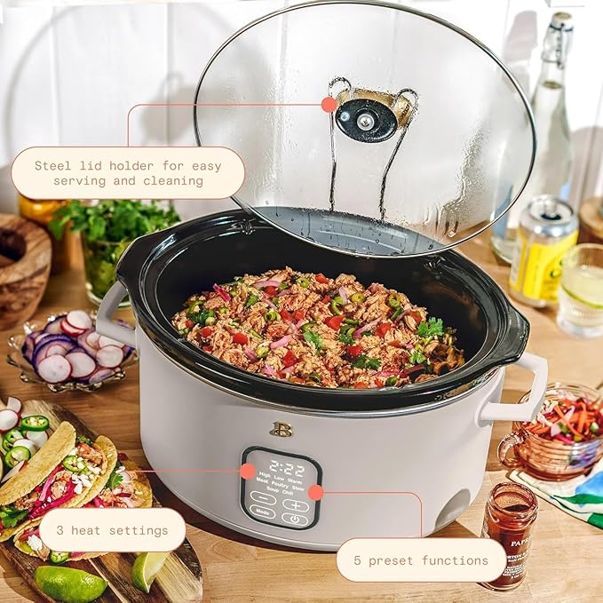 Beautiful 6 Qt Programmable Slow Cooker by Drew Barrymore - 5 Preset Cooking Functions, Digital Countdown Timer, Dishwasher-Safe Parts, and Cool-Touch Handles (Porcini Taupe)