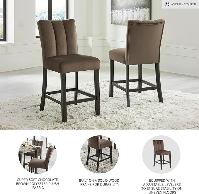 Signature Design by Ashley Jazmore Contemporary Velvet Upholstered Counter Height Bar Stool with Footrest and Adjustable Levelers, Set of 2, Dark Brown & Black