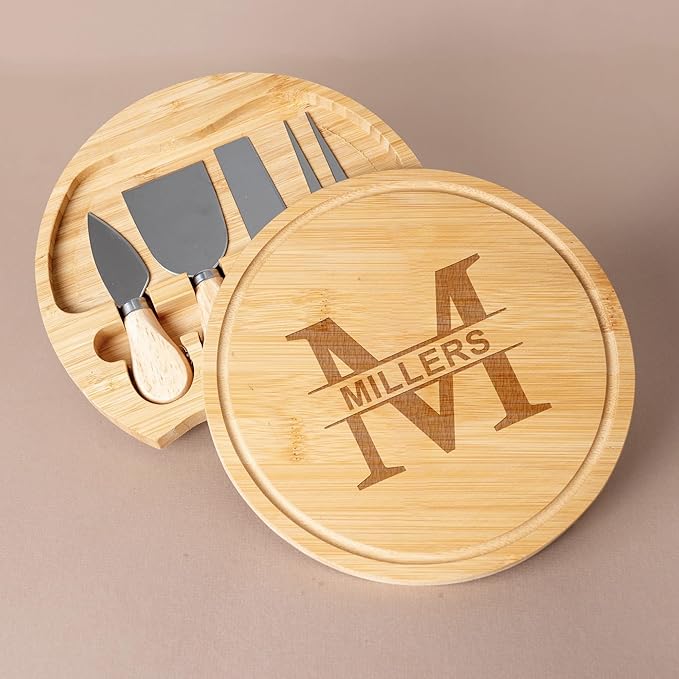 Custom engraved luxury charcuterie board & knife set/4pcs, personalized cheese chopping serving tray for fruits, food, dessert, bread for table decoration, personalized gift for dinner host (Monogram)