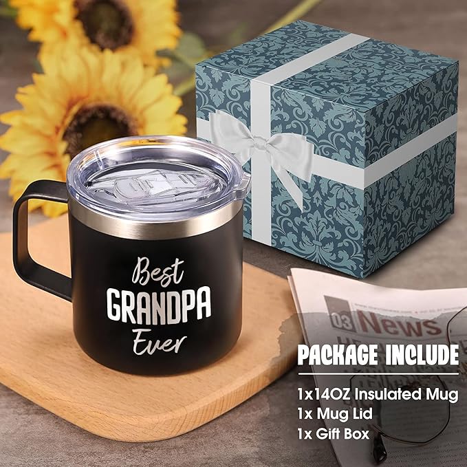 Papa Coffee Mug Best Grandpa Ever - Christmas Gifts for Papa, Grandpop, Abuelo, Paw Paw from Grandkids - 14oz Stainless Steel Tumbler with Lid