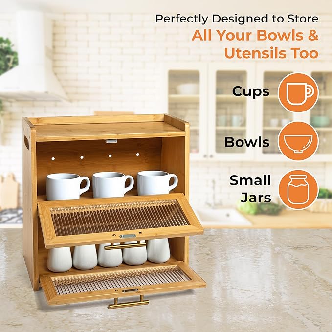 Extra Large Bamboo Bread Box for Kitchen Countertop, Dual-Layer Breadbox Provides Double the Bread Storage Space, Holds Multiple Loaves, Durable & Beautiful with Frosted Acrylic Panels
