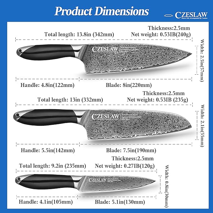 Knife Set 3 Piece, Japanese Damascus Kitchen Knife Set, Professional Sharp Black Cooking Chef Knife, Use Premium Damascus Steel Forge, With Ergonomic ABS Handle