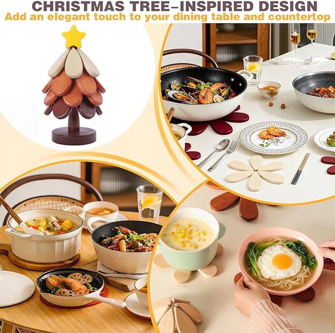 Wooden Trivets for Hot Dishes, Christmas Tree Shape Trivet Set of 4 for Hot Pot Pans, Wood Coasters for Kitchen Counter Decor, Hot Dish, Pot, Bowl, Teapot(Walnut Wood)