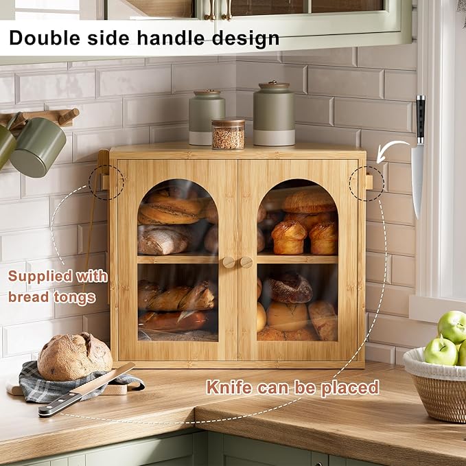 WOWLIVE Corner Bread Box for Kitchen Countertop, 2 Tier Bamboo Bread Storage Container for Homemade Bread with Clear Acrylic Door Panel, Large Bread Bin Farmhouse Breadbox Organizer (Natural, Medium)