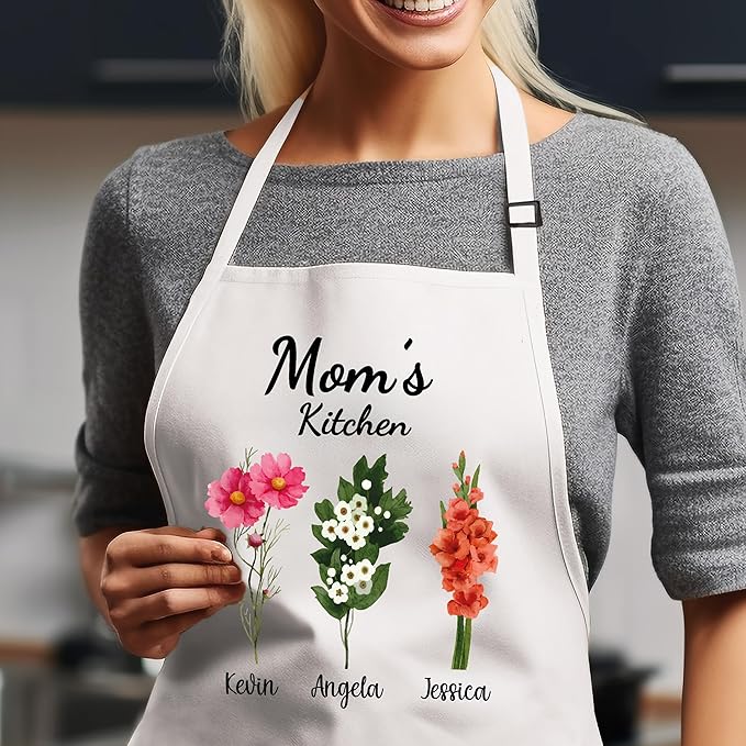 Personalized Apron for Women, Custom Mom Gifts, Grandma Gifts, Mothers Day Gifts for Women, Birthday Gifts For Mama, Birth Mont Flower Nana's Garden Gifts for Gigi, Mommy, Mimi
