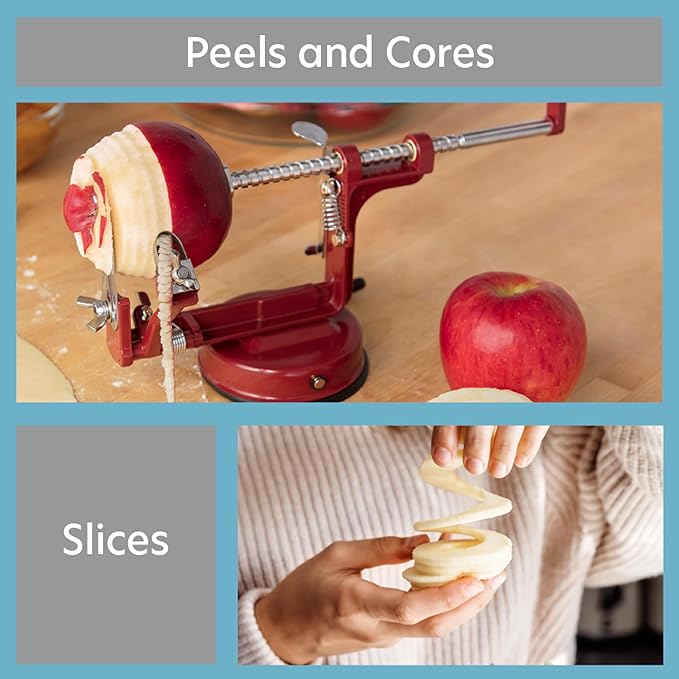 Apple Peeler and Corer - Durable Heavy Duty Chrome Cast Iron w Powerful Countertop Suction, Hand Crank for Fruits, Potatoes or Veggies, Picking Season- Holiday Pie Dessert Baking, Must Have Xmas Gift