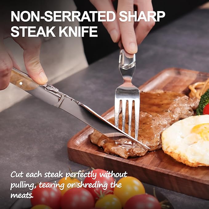 Laguiole Style Steak Knife Set of 12, Non-serrated Steak Knife Set with Olive Wood Handle, Sharp Stainless Steel Steak Knives with Gift Box, Dinner Cutlery Set for Home Party