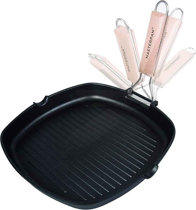 MasterPan Non-Stick Grill Pan with Folding Wooden Handle, 8", Black and Brown