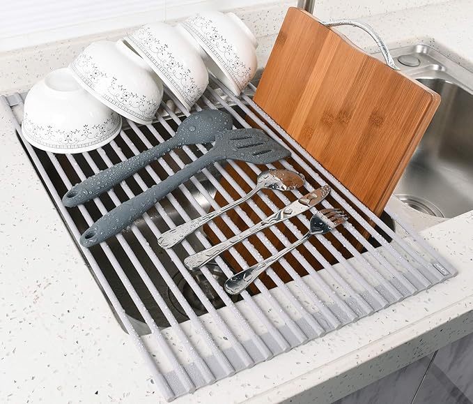 Surpahs Roll-Up Dish Drying Rack, Warm Gray, 20.5" x 13.1", Fits Sinks up to 19" Wide, Silicone-Coated Stainless Steel