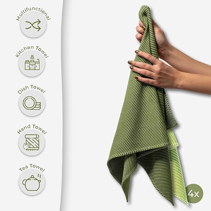 Kitchen Hand Towels - 4 Pack, (20" x 30") - Extra Soft & Striped - Versatile as, Flour Sack Towels, Kitchen Tea Towel, Dish Drying Towels, Soft Dish Cloths, Sage and Bright Green