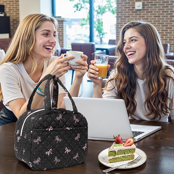 Quilted Lunch Box for Women,Lunch Box for Teen Girls,Cute Black Bow Lunch Bags for Work, School,Office,Picnic,Travel (black bow polka dots)