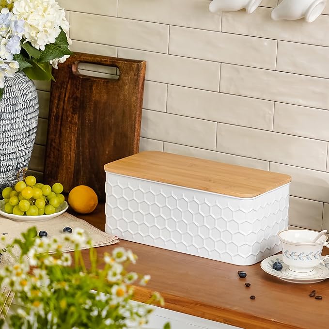 Large Bread Box for Kitchen Countertop Corner Breadbox for Homemade Bread Metal White Honeycomb Pattern Embossed Bread Storage Container Bin with Bamboo Lid