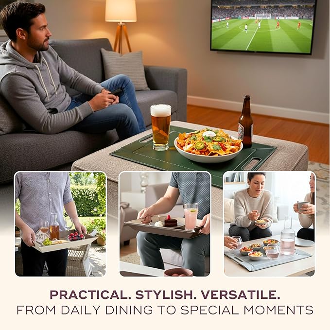 DUO PLACEsMAT Faux Leather Placemat & Serving Tray | Reversible Design, Lays Flat, Easy to Clean & Store | Indoor-Outdoor Dining, Ottoman, Entertaining & Gift, 18” x 14” (Fabric Blue & Ivory)