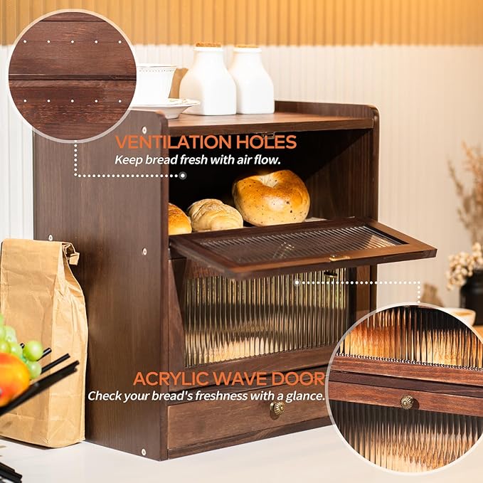 Solid Wood Bread Box for Kitchen Countertop with Drawer and 50 Count Deli Paper, 2 Layer Large Capacity Wooden Breadbox, Vintage Food Storage Container for Kitchen Counter Corner, Brown