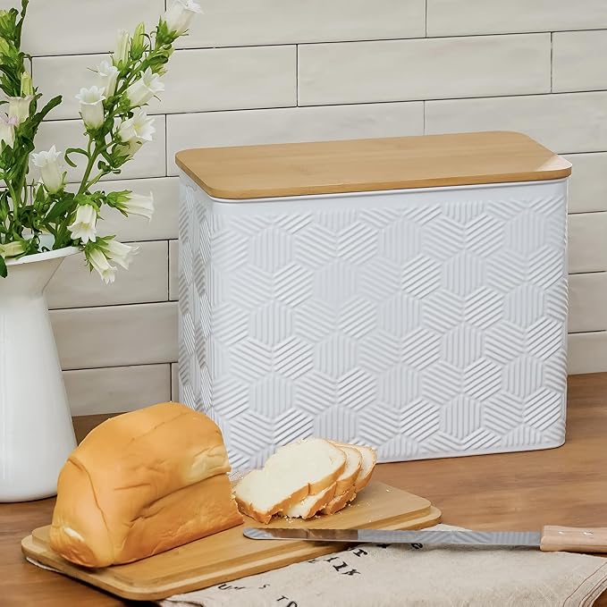 Extra Large Bread Box for Kitchen Countertop Corner Breadbox for Homemade Bread Metal White Hexagon Stripe Pattern Embossed Storage Container Bin with Bamboo Lid Fits 2 Loaves of Bread