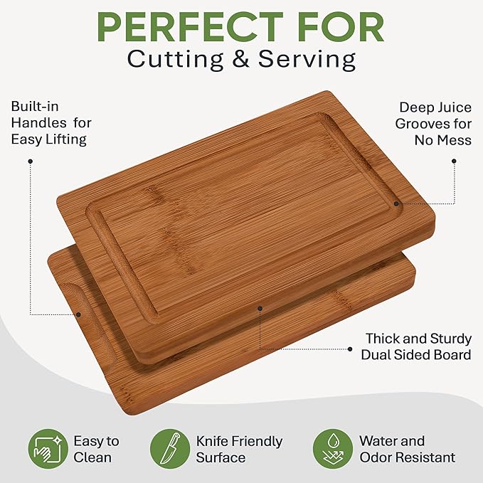 MelBell Bamboo Cutting Board Set Of 3 for Kitchen - Wooden Chopping Boards with Juice Groove - Wood Serving Board for Meat, Vegetables, Cheese