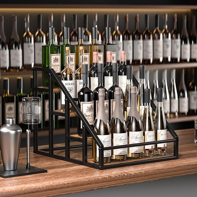 Coffee Syrup Rack Organizer, Spice Racks, Syrup Bottle Holder Stand for Coffee Bar, 4-Tier 16 Bottles Storage Shelves for Syrup, Wine, Dressing for Kitchen Countertop, Rustic Brown & Black