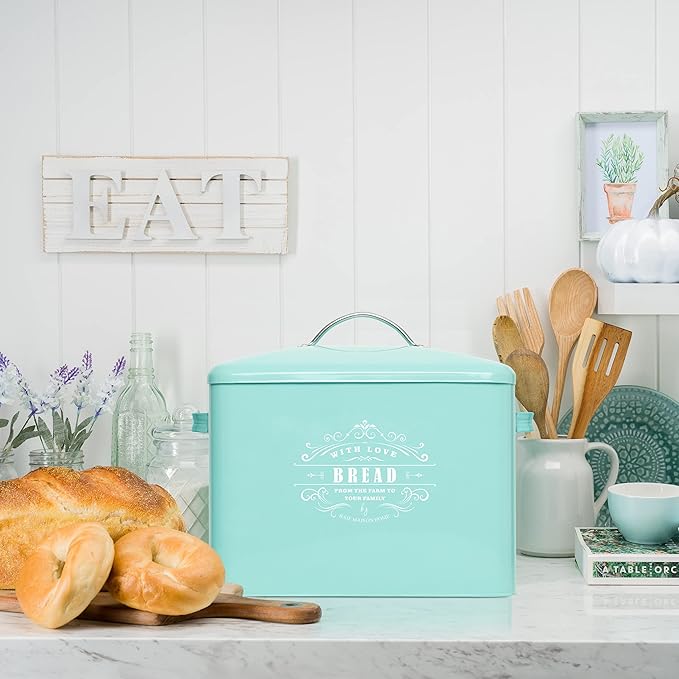 Extra Large Teal Farmhouse Bread Box for Kitchen Countertop - Breadbox Holder Fits 2+ Loaves - Bread Storage Container Bin - Rustic Bread Keeper Vintage Metal Kitchen Decor for Counter(Bread Box)