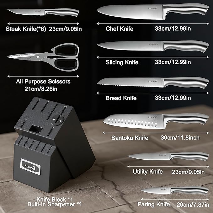 KUISINE Upgraded Premium Chef Knife Set,High Carbon Stainless Steel Razor-sharp Blade Ergonomic Non-slip Steel Handle,Block Knife Set with Built-in Sharpener(Black Silver,15PCS)