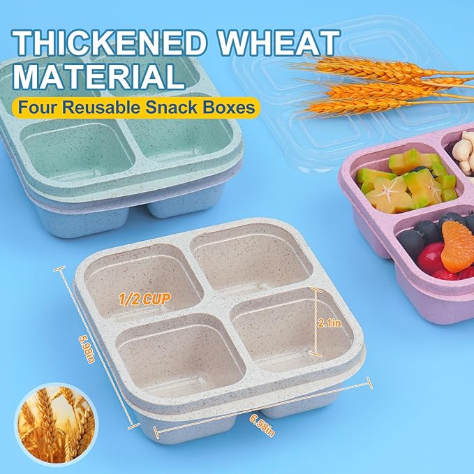 4 Pack Snack Containers, 4 Compartments Snackle Box Container, Meal Prep Reusable Lunchable Container, Microwave Dishwasher Safe, Food Storage Containers for Work Travel (Pink)