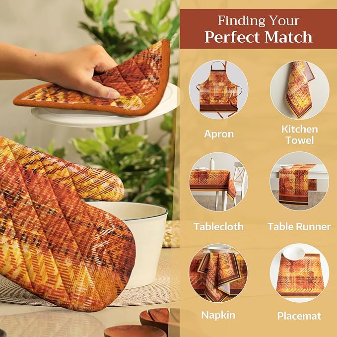 Maison d' Hermine 100% Cotton Oven Mitt & Pot Holder Set (7.5"x13" & 8"x8") Heat Resistant BBQ Cooking Gloves with Loop for Thanksgiving Christmas Decorations Handling Hot Pans (Thanksgiving Tartan)