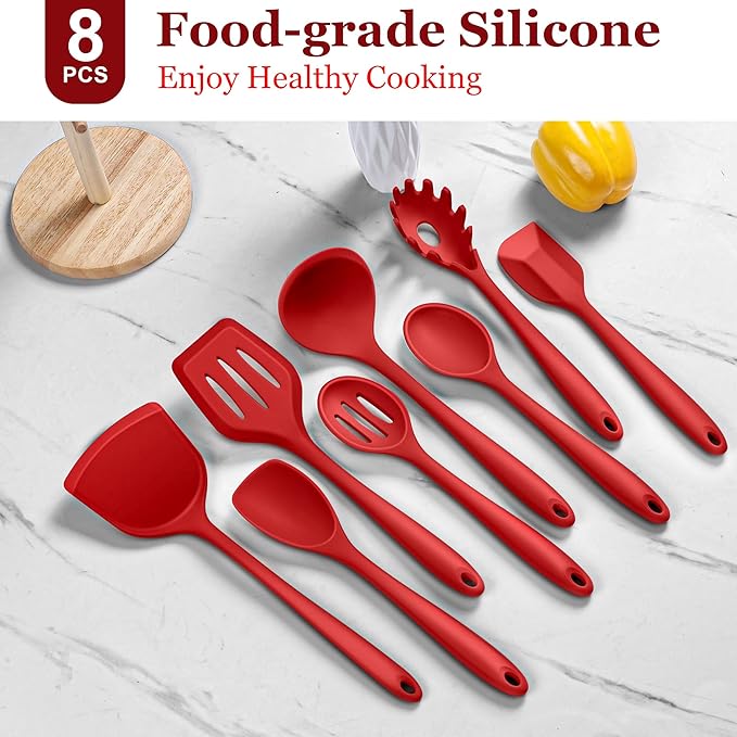 LIANYU 8-Piece Kitchen Utensils Set, Silicone Cooking Utensil Spatula Sets, Heat Resistant Cooking Gadgets Tools Set for Non-stick Cookware, Dishwasher Safe, Red