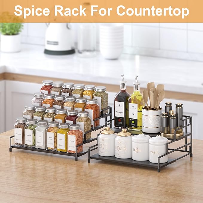 4-Tier-Spice-Rack-Organizer-for-Cabinet, Adjustable Depth Spice Holder Shelf For Countertop Pantry Cupboard, Metal Tiered Seasoning Organizer,Display Shelf Riser (Black-2 Pack)