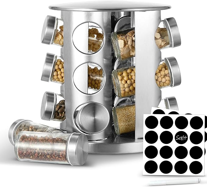 Cheer Collection Rotating Spice Rack for Countertop with 12 Jars, Stainless Steel Revolving Storage Organizer for Spices and Seasonings, plus Dry Erase Marker and 48 Reusable Labels