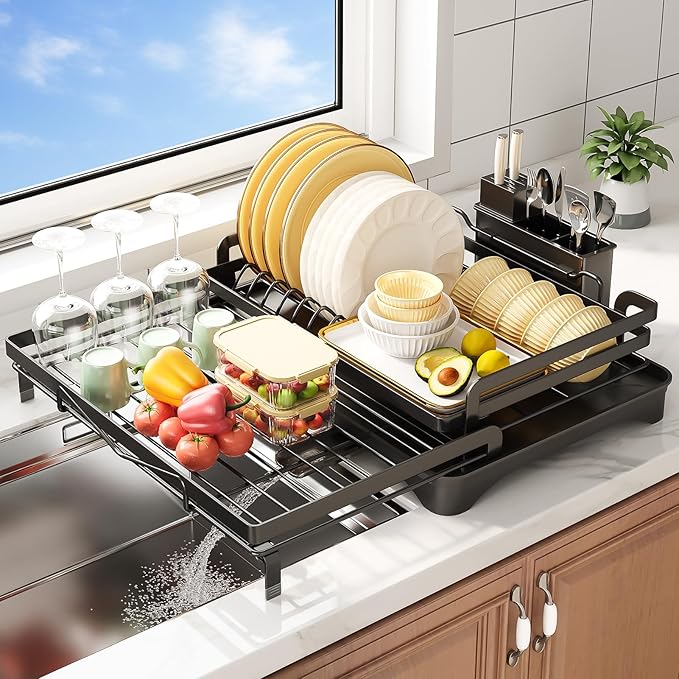 extendable Dish Drying Rack for Kitchen Counter,escurridor de platos,Metal Dish Strainer with Utensil Holder and Drainer (Black)