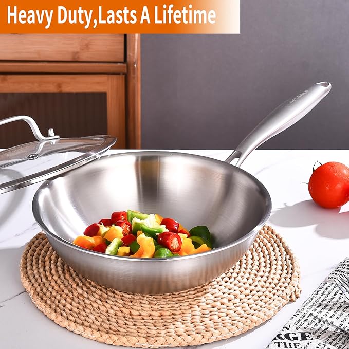 DELARLO Woks & Stir-Fry Pans, 13 in Stainless Steel Pan with Lid, Large Cooking Surface, Tri-Ply Stainless Steel Wok Pan,High Side 3 Layer Stainless Steel Saute Pan, Wok for induction cooktop, 600℉
