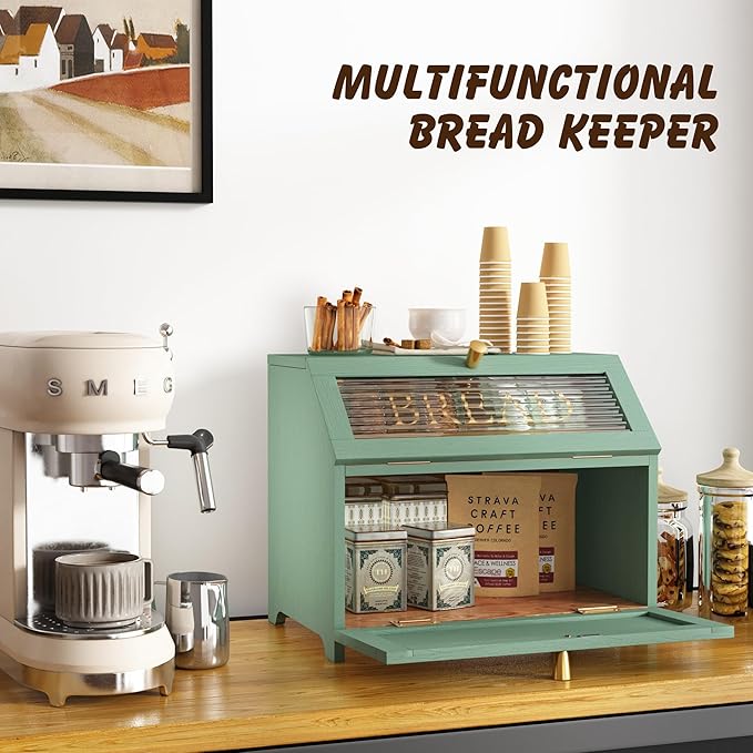 Double Layer Bread Box With Golden Trim for Countertop, Wooden Bread Container for Kitchen Counter, Corner Bread Storage (Green)