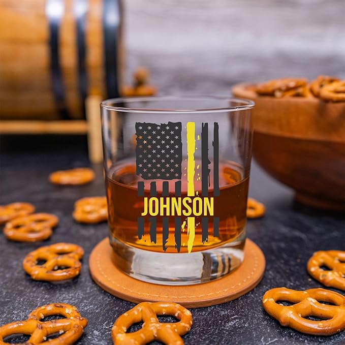 Blue Ridge Mountain Gifts - Thin Yellow Line Whiskey Glass - Personalized Dispatch Glass, 911 Dispatch Appreciation, Yellow Line Merch, First Responders Gift, Custom Barware, Thin Gold Line Flag
