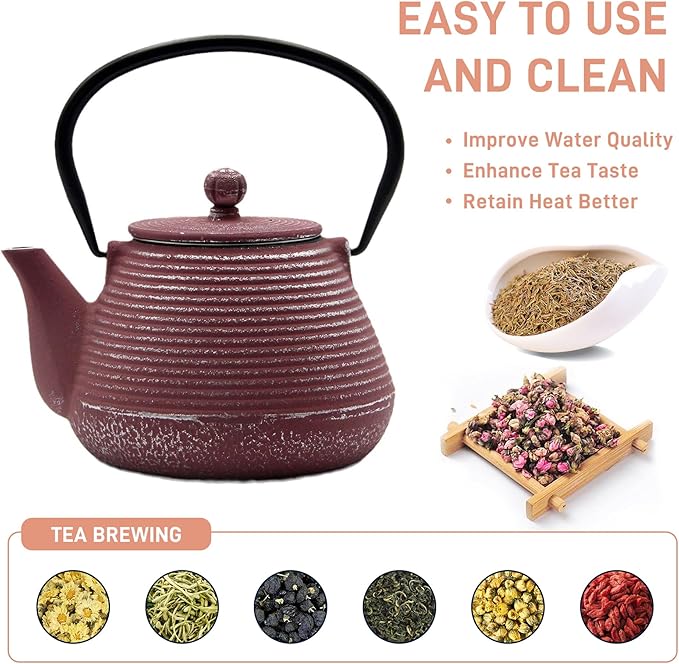 20.3oz Small Cast Iron Teapot, SECHUDO Tea Kettle for Stovetop Safe Coated with Enameled Interior, Tea Pot with Stainless Steel Infuser for Loose Tea (Pink Pinstripe Pattern)