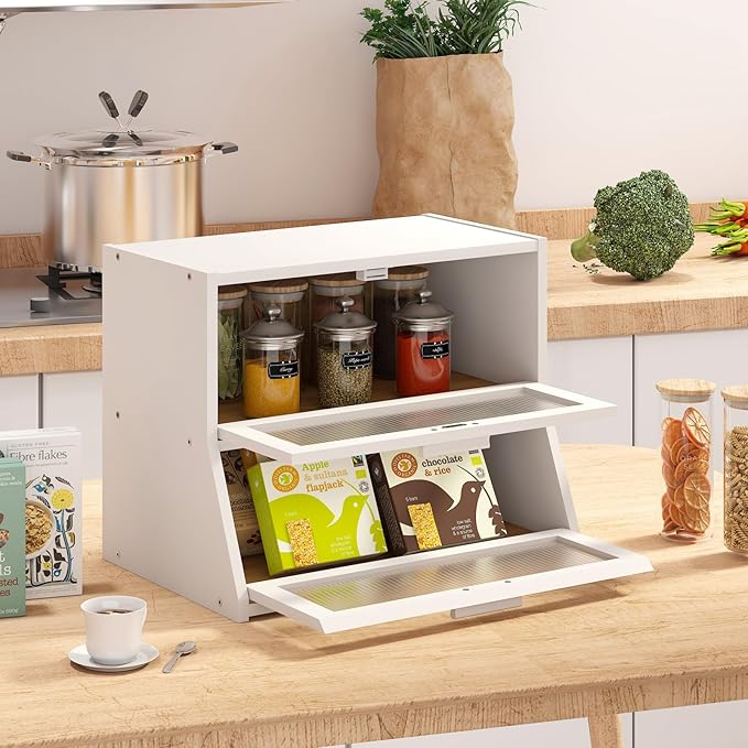 White Large Bread Box for Kitchen Counter, Bamboo Wooden Double Layer Large Capacity Bread Storage Bin with Acrylic Wavy Door Panel