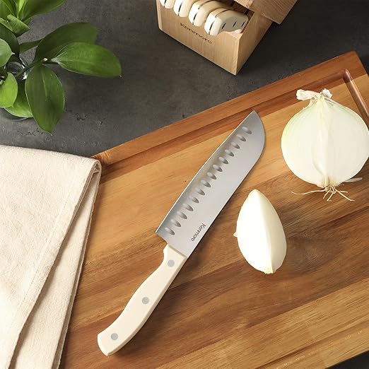 Kenmore Kane 14-Piece Stainless Steel Kitchen Knife Block Set – Triple Rivet ABS Handles, Cream White – Chef, Bread, Utility, Paring, Steak Knives & Kitchen Shears in Wood Storage Block